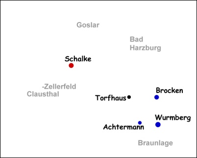 Lageskizze Schalker Turm, Brocken, Torfhaus, Wurmberg, Achtermann