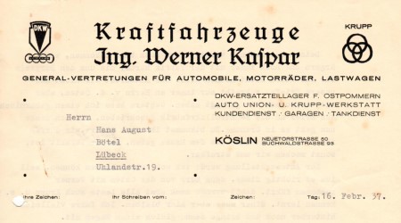 letter head "Kraftfahrzeuge Ing. Werner Kaspar"